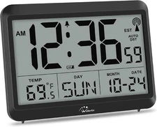 WallarGe Atomic Digital Wall Clock – Battery, Temp Date Day, Large Display