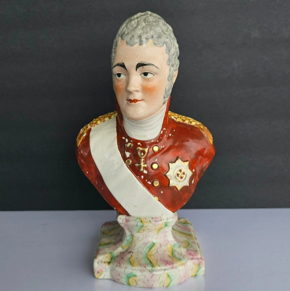 Antique 1820s Staffordshire Pottery Bust Russian Tsar Alexander I - Image 3 of 4