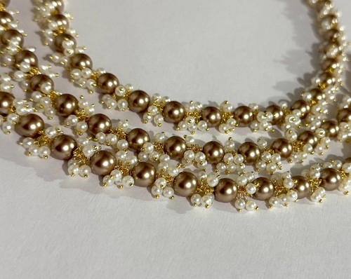 8mm Brown Shell Pearl & 4mm White Pearl Gold Plated Rosary Chain Jewelry Making - Picture 6 of 9