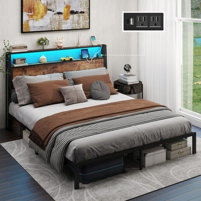 JALa Metal Bed Frame Full/Queen/King with Storage Headboard and Charging Station
