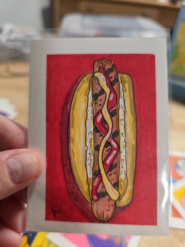 ACEO Original.painti G Acrylic Food Hot Dog Coney Dog Fast Food Picnic Hotdog