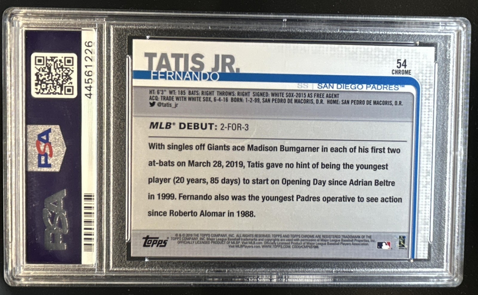 2019 Topps Chrome Update Fernando Tatis Jr. Pink Refractor RC #54 Padres PSA 10 view 2