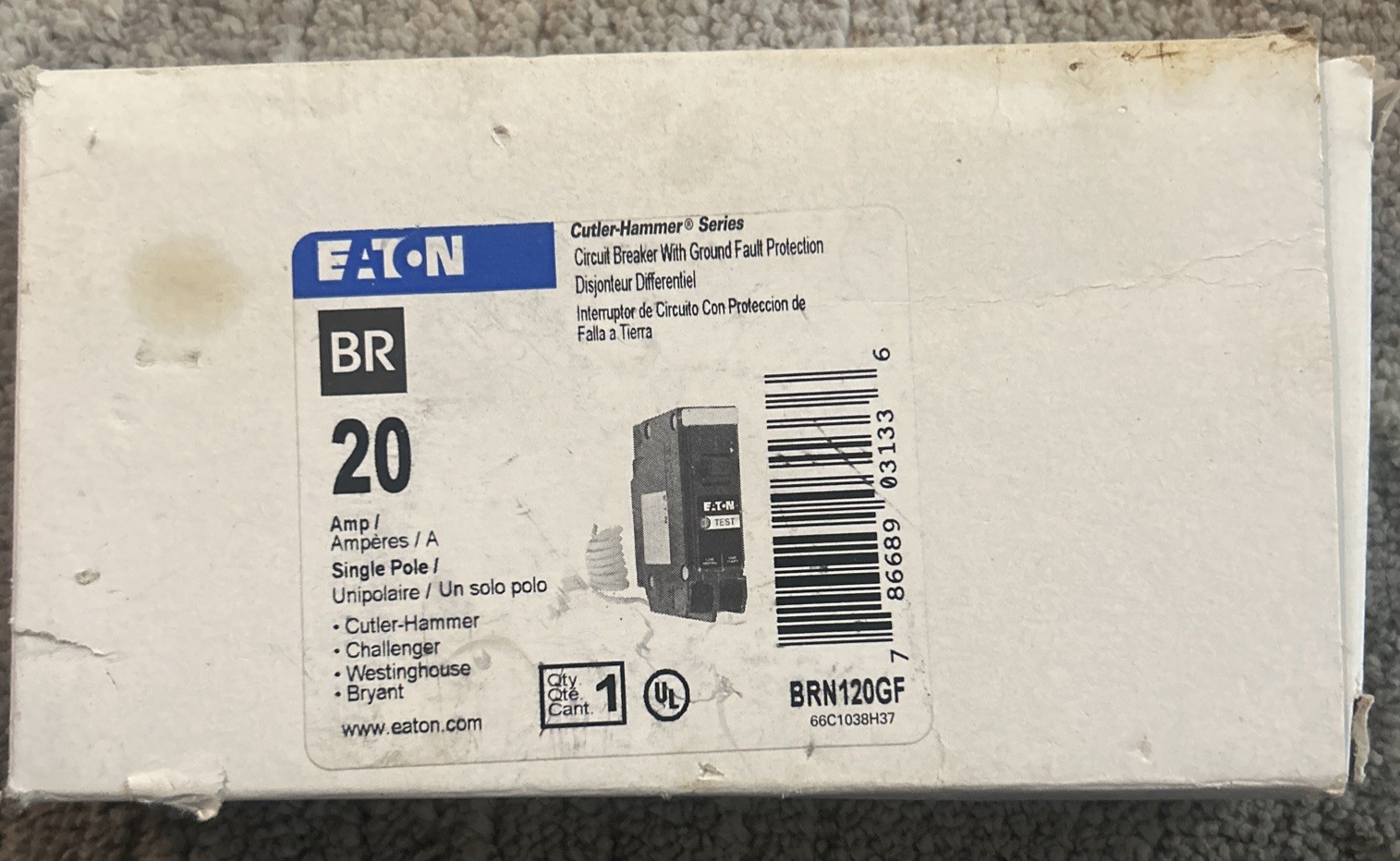 Brand New Eaton BRN120GF 20 Amp 1 Pole GFCI Ground Fault Circuit Breaker