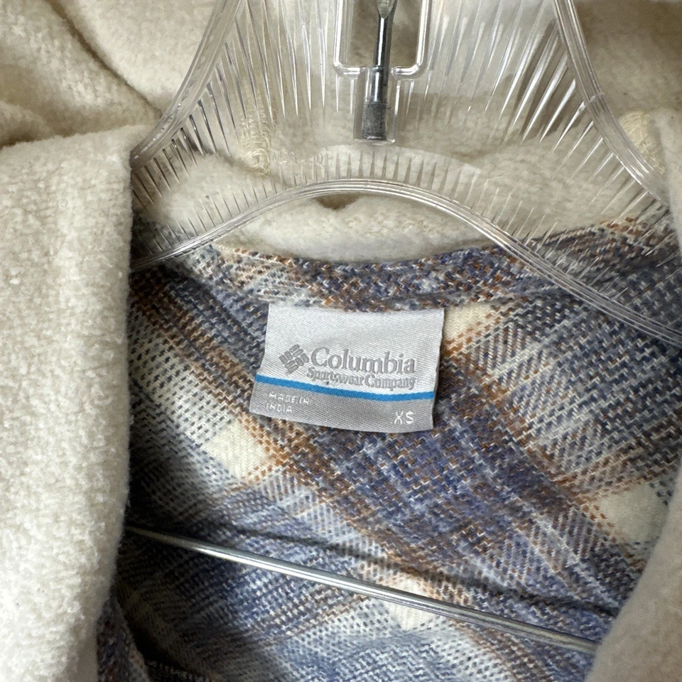 Columbia Para Mujer S Algodón Gris Crema Cuadros Capucha Franela Camisa Sudadera con Capucha Gorpcore Foto 2 de 4