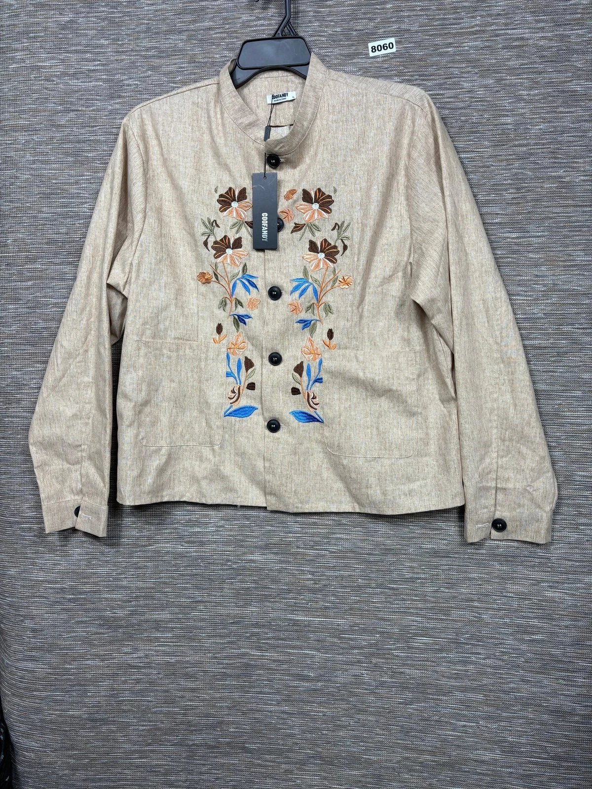 Coofandy Shirt Mens XL Beige Embroidered Floral Linen Blend Button Up