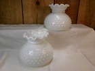 Lot of 2 Vintage Hobnail Milk Glass Crimped Ruffled Edge Lamp Shades 6" Fitter