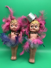 Vtg Pair Occupied Japan Celluloid Carnival Kewpie Dolls Original Trim Feathers