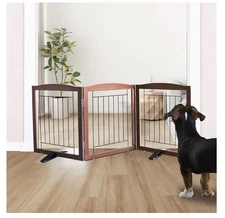 Free Standing Dog Gate 24x60 inch Freestanding Pet Gate Foldable Brown