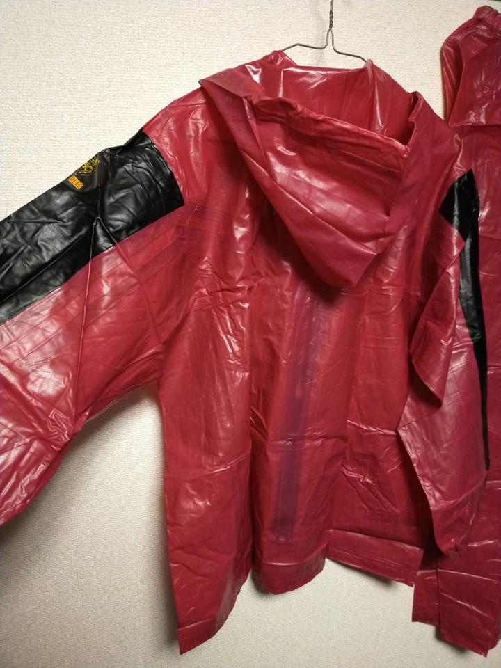Wine red with black tigerhead pvc plastic jacket and pants rainwear rainsuit - Image 4 of 4