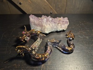 Dragon Serpent Figurine Blown Glass Amethyst Crystals
