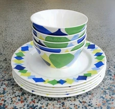 Jonathon Adler Happy Home Waves 10 Pc Dinner Plates & Soup Bowls Blue Green Rare