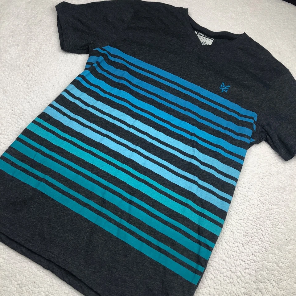 Camisa Zoo York Cuello en V Para Hombre Pequeña Gris Azul Rayas Manga Corta Foto 2 de 4