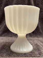 Milk Glass Pedestal Compote Vase Bowl Ribbed Sides Vintage 6.5" Tall EUC