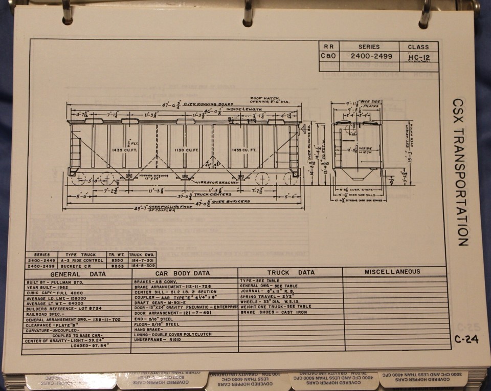 CSXT Covered & Open Hopper Freight Car Diagram Book in 3 ring binder eBay