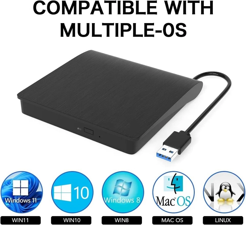 2024 External CD DVD RW Drive USB 3.0 Writer Burner Player Black For Laptop PC - Image 3 of 4