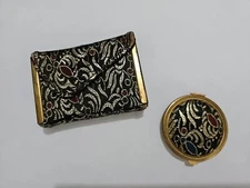 Vintage Lin Bren Powder Compact Tapestry With Mirror & Wallet Makeup Case 