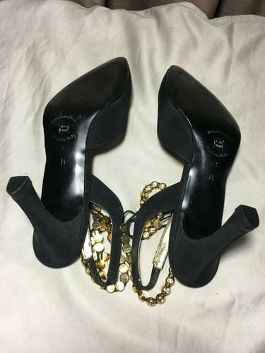 Sz 7.5 M Larry Stuart Collection Black Fabric Slingback With Gold Tone & Rhinest - Picture 8 of 8