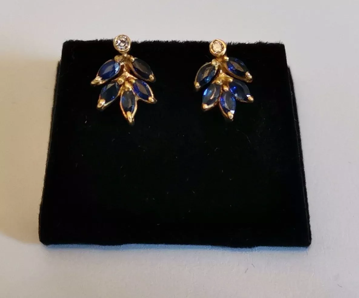 Blue SAPPHIRE marquise DIAMOND cluster earrings 18 yellow gold studs large backs
