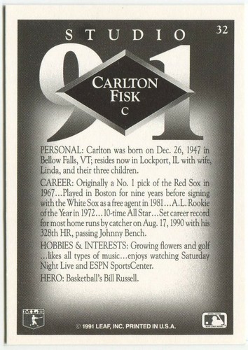 1991 Leaf Studio #32 Carlton Fisk Chicago White Sox - Picture 2 of 2