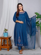 Indian For Women Blue colour New Floral Straight Kurta Trousers With Dupatta Set