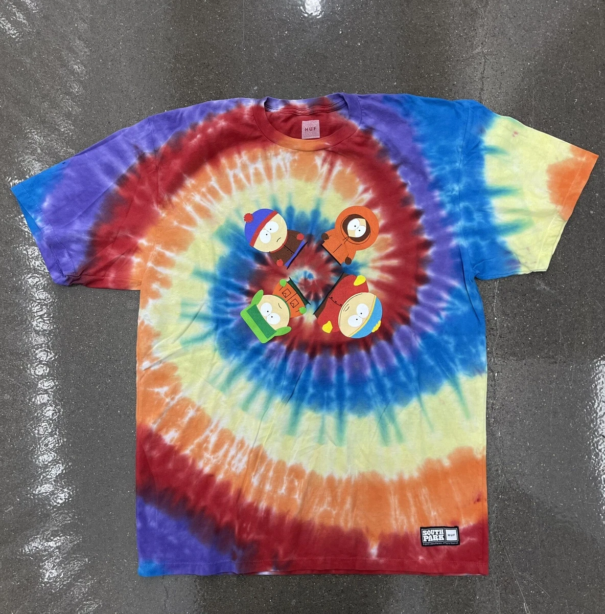HUF x South Park Tie Dye T Shirt Men s L 2017 Double Sided Spell Out Rainbow