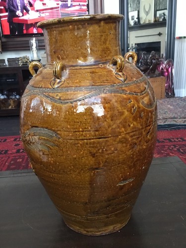 AUTHENTISCHES ANTIKES GROSSES CHINESISCHES OCKERSTEINGUT MARTABAN TOPF/GLAS DRRACHE MOTIV - Bild 3 von 12