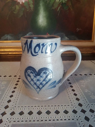 Vintage 1991 Handmade Rowe Pottery Works Salt Glazed Stoneware Pottery Mug -Mom-