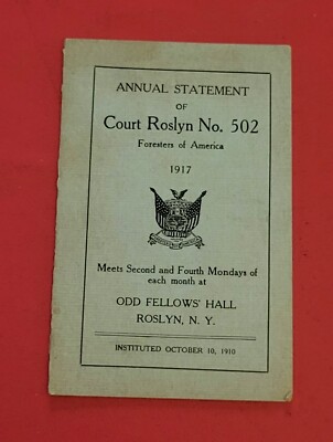 1917 Ood Fellows' Annual Statement Roslyn New York