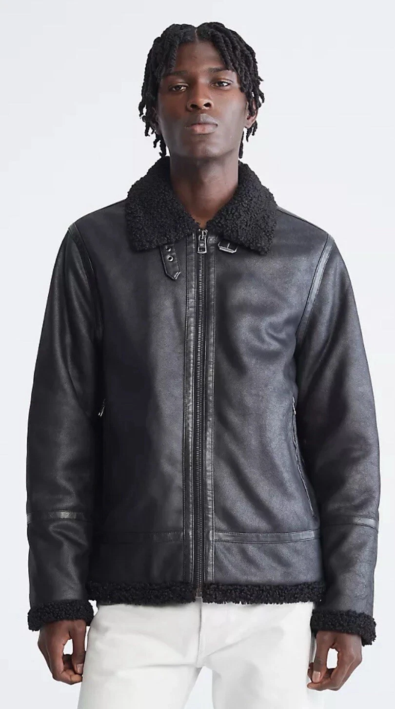 Calvin Klein noir classique faux shearling B 3 veste de bombardier manteau homme petit
