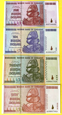Zimbabwe   set  5 to 50 Billion Dollars    aUNC   Pick 84, 85, 86, 87   (0333)