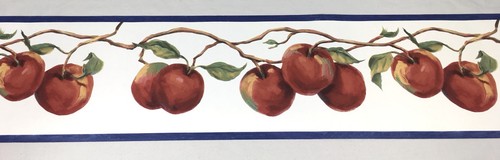 Lot Of 2 Rolls Wallpaper Border HALLMARK IMPERIAL Red Apples Branch Vine BLUE - Picture 3 of 4
