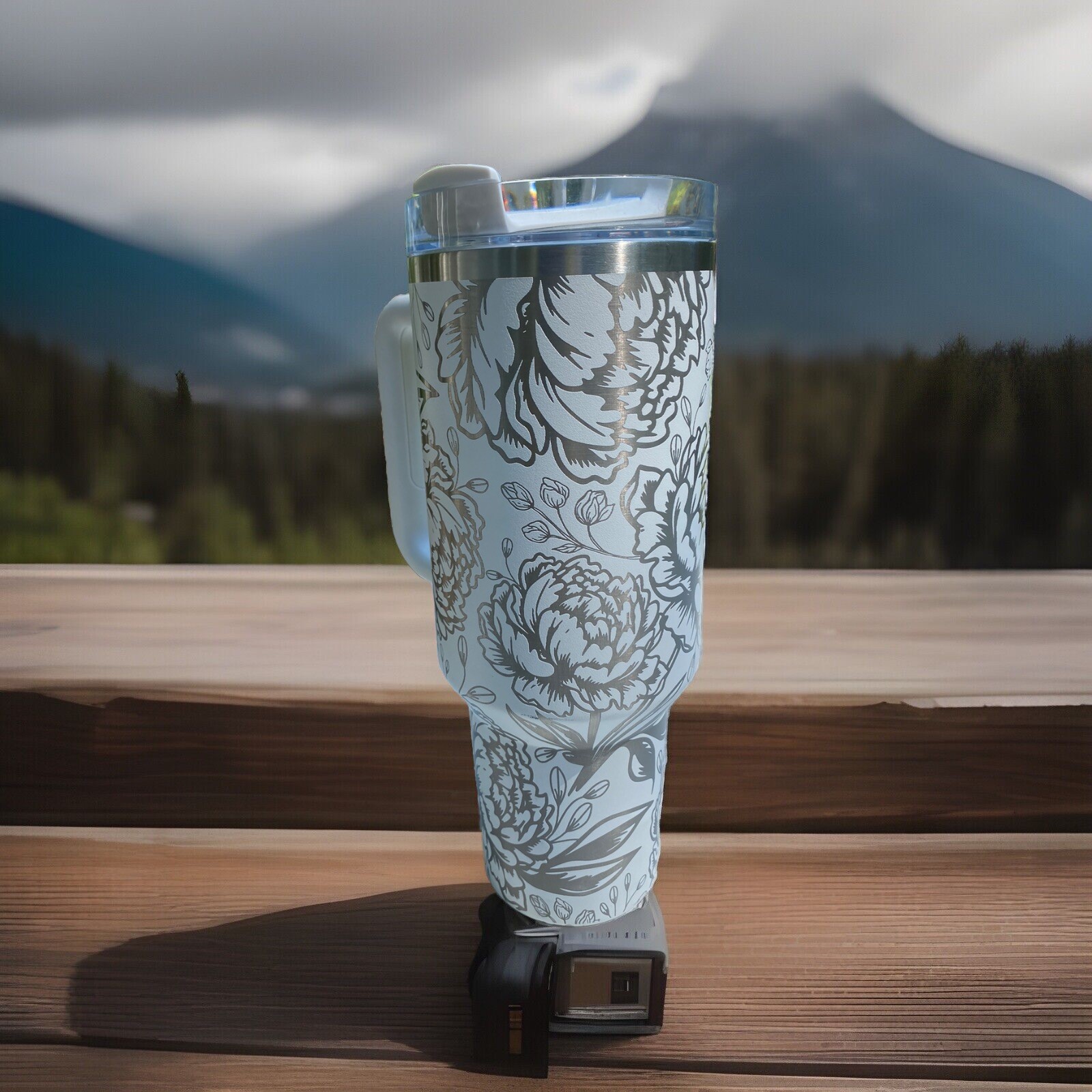 40oz  Tumbler Laser Engraved Peony Full Wrap Floral Design