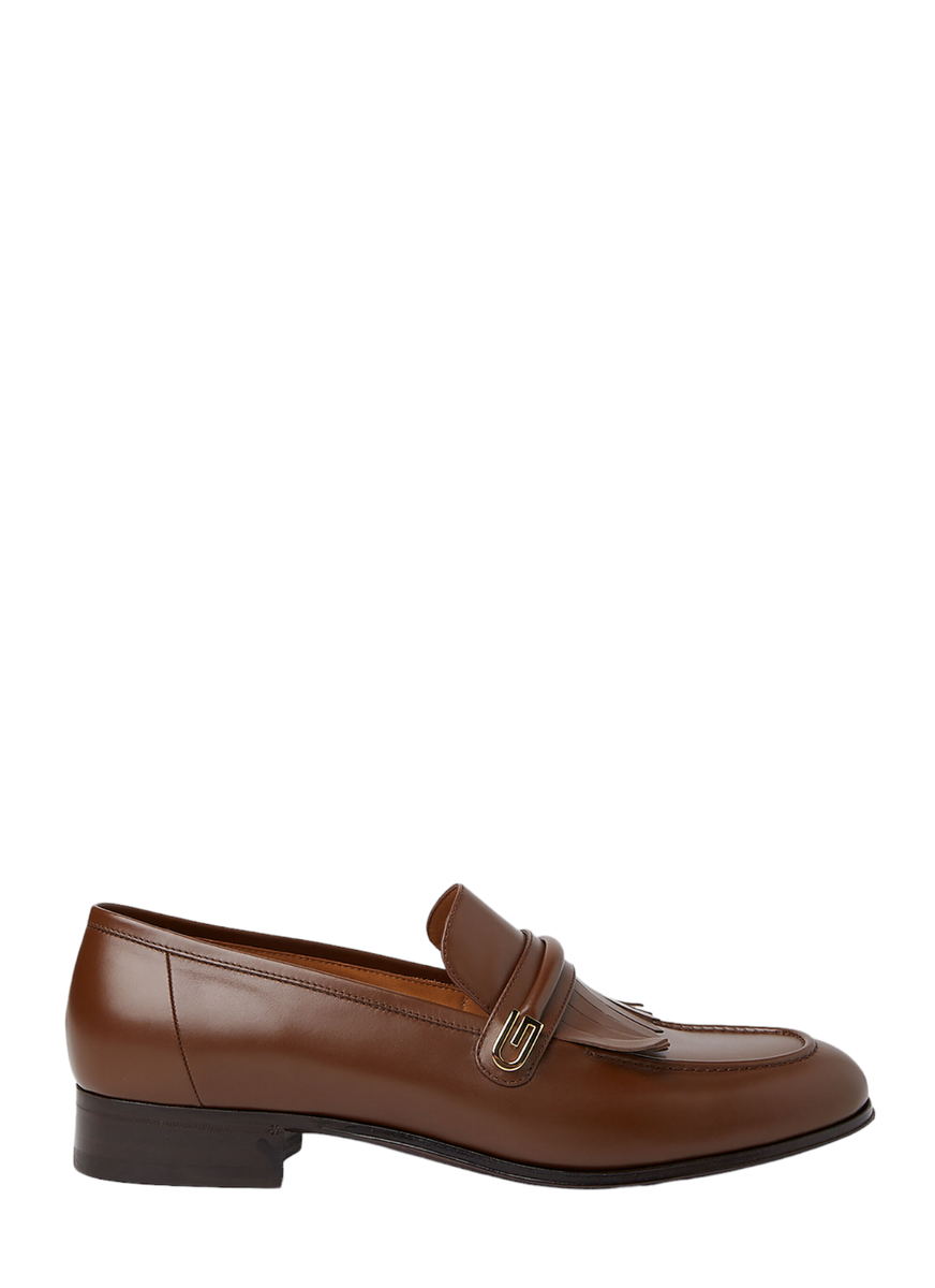 Authentic Men's Gucci Brown Leather Mirrored G Fringed Loafers