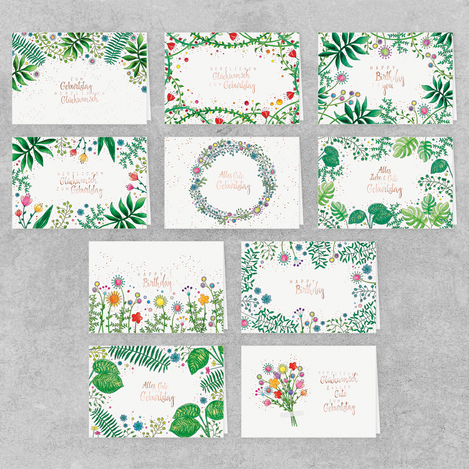 Geburtstagskarten Set 10 Stück Pflanzen Blumen Flora Grußkarten mit Umschlag