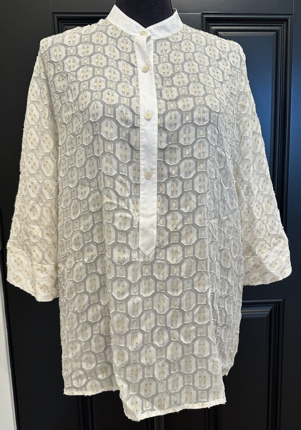 Camicia anteriore Tory Burch bianco seta oro metallizzato trasparente con bottoni taglia 8 India
