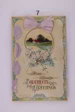 Tarjeta postal de felicitación de cumpleaños de 1915 Nueva York A Horovitz arco de cinta rosa