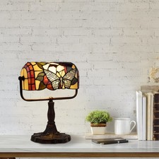 Tiffany Style Bankers Lamp-Vintage Stained Glass Butterfly LED Desk Light by