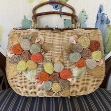 Vtg British Hong Kong Wicker Straw Bamboo Purse Lucite Handbag Basket Case
