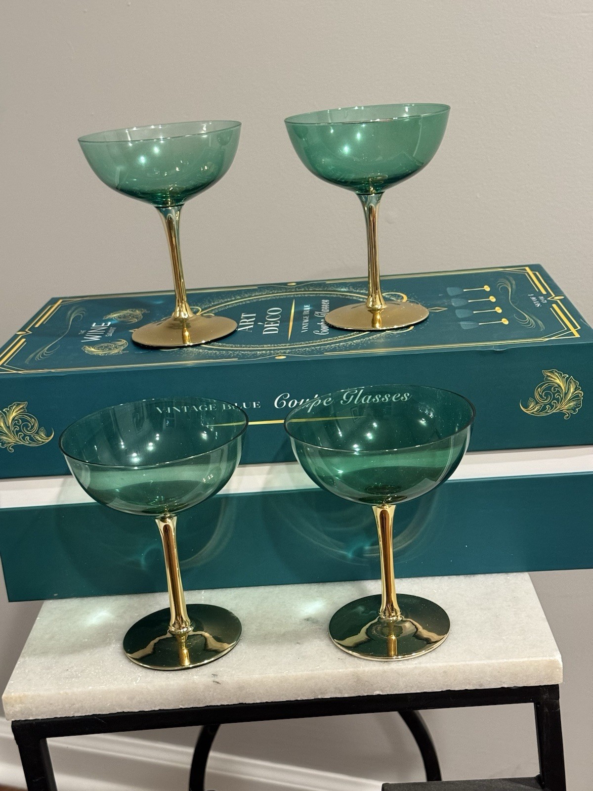 The Wine Savant Green Gold Coupe Art Deco Champagne Glasses Set Of 4 Gift Box