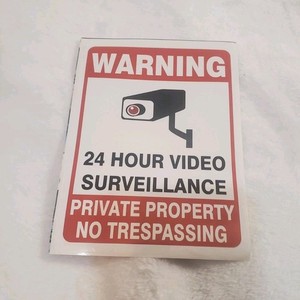 24 Hour Video Surveillance Sign   Sticker White Red Black 7x5in Private Property