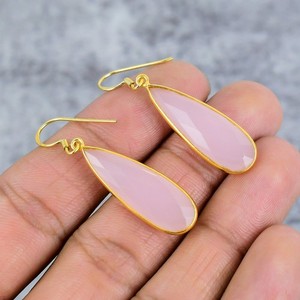 Authentic Rose Quartz Gemstone 925 Sterling Silver Jewelry Gold Plated Earring For Women