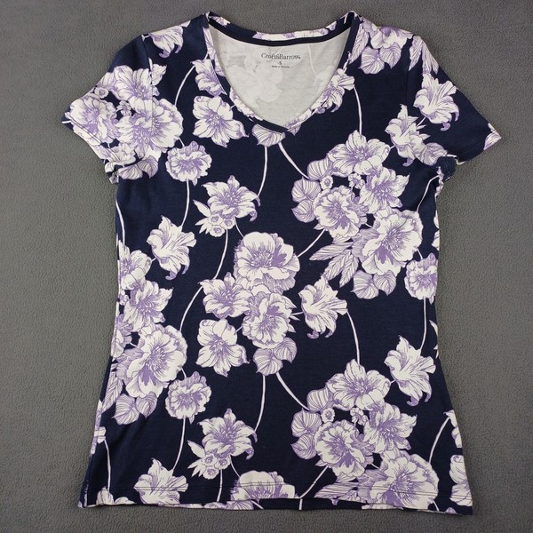 Croft Barrow T-Shirt Womens S Blue Floral V Neck Short Sleeve Cotton Casual