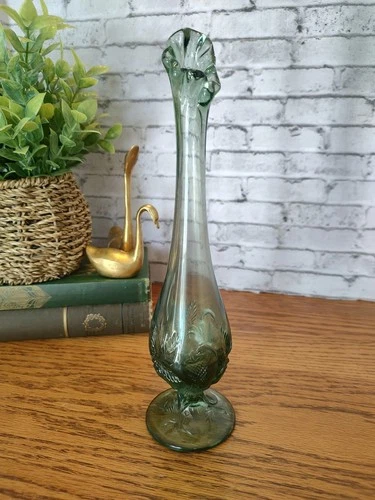 Fenton Green Swung Bud Vase 10.5" Tall. Strawberry And Leaf Pattern