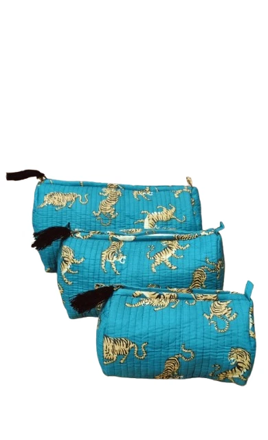 Indian Green Tiger Cotton Quilted Toiletry Purse Cosmetic Storage Bag Of 3 Pc US
