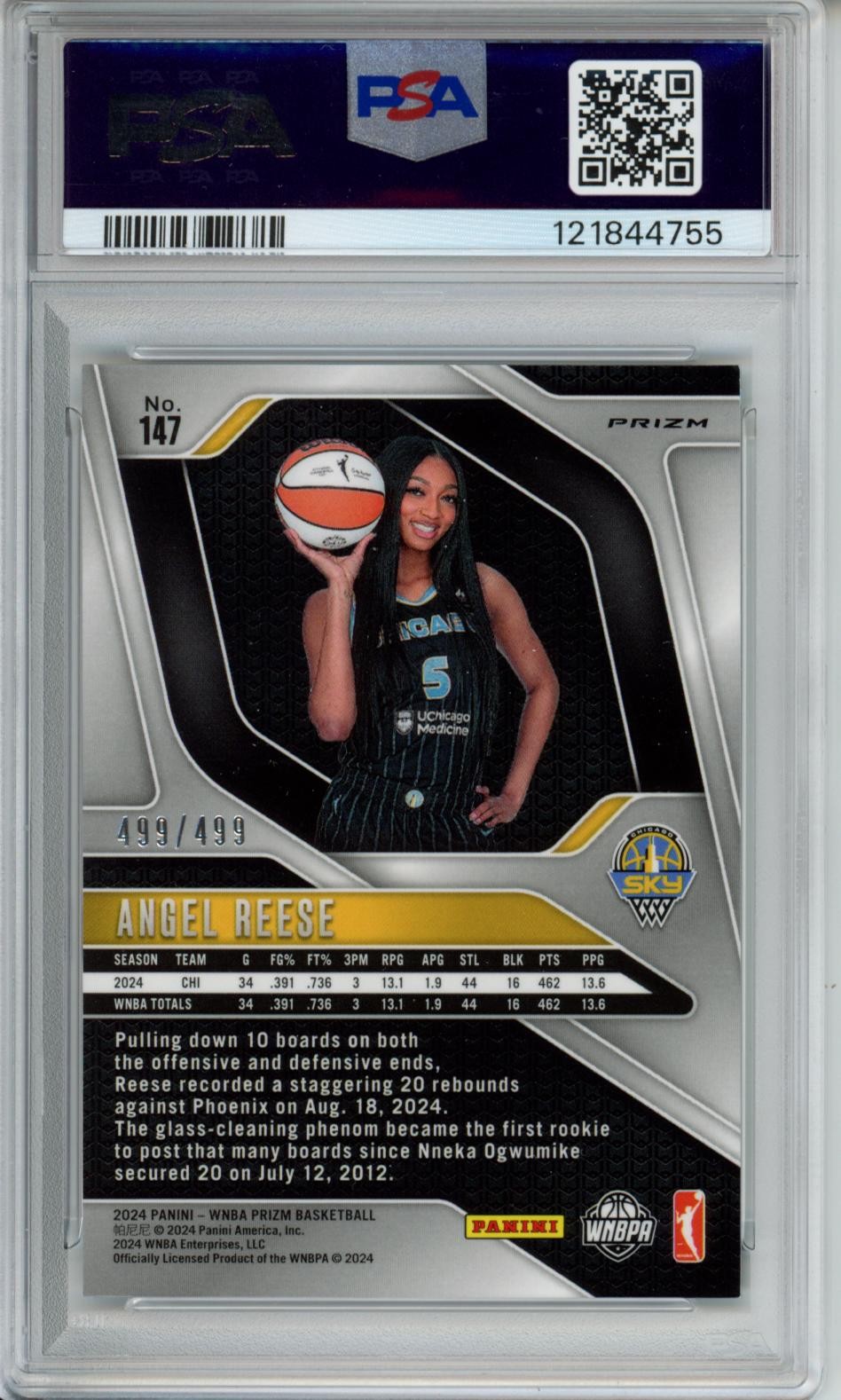 2024 Panini Prizm WNBA #147 Angel Reese Pulsar Prizms PSA 9 #/499 view 2