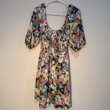 GAP Peasant Dress L NWT Boho Watercolor Floral Puff Sleeve Knee Length Pockets