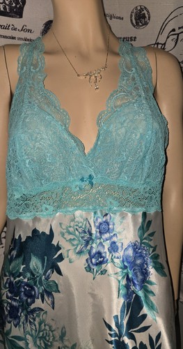 Thalia Sodi Nachthemd Kleid Intim blau grün weiß Blumen Spitze Satin sexy L - Bild 2 von 3
