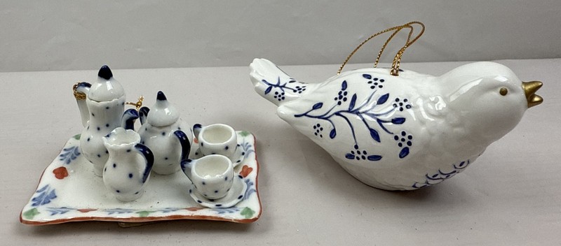 2pc Hand Painted Porcelain Christmas Ornaments - Bird & Tea Set/Service