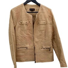 Dana Buchman Linen Blend  Jacket  Tan Size 12 Collarless  Zip Pockets Career