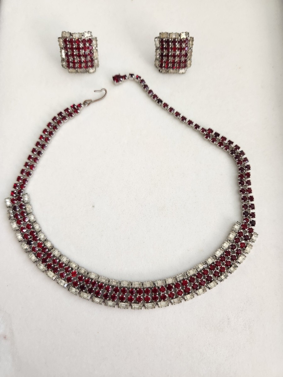 Vintage Baguette Red Rhinestone Choker Necklace And Earring Set